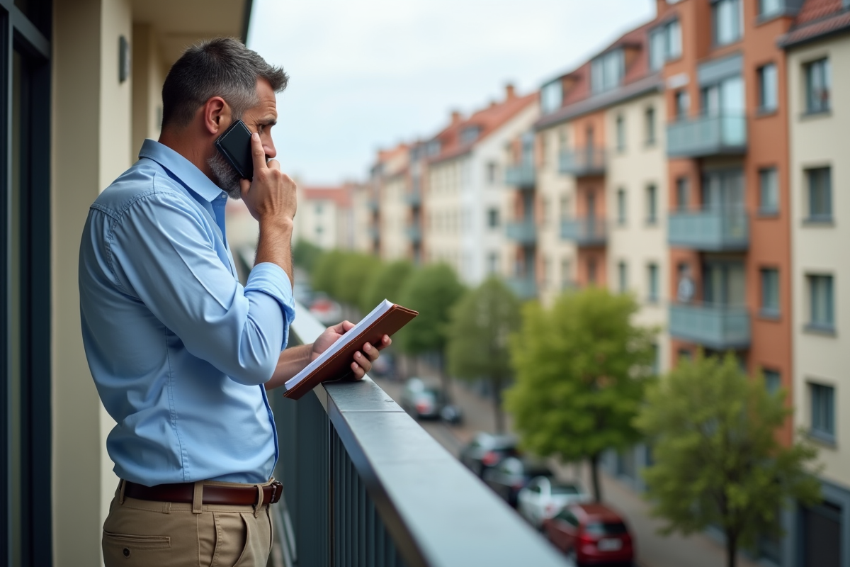 Homme sur balcon regardant la ville en parlant au téléphone
