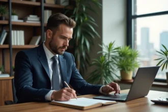 Homme en costume bleu travaillant sur un ordinateur dans un bureau moderne