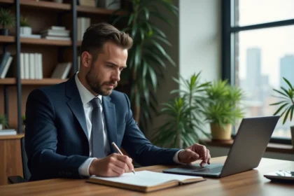 Homme en costume bleu travaillant sur un ordinateur dans un bureau moderne