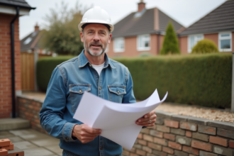 Homme en vêtements de chantier avec plans devant une maison en construction