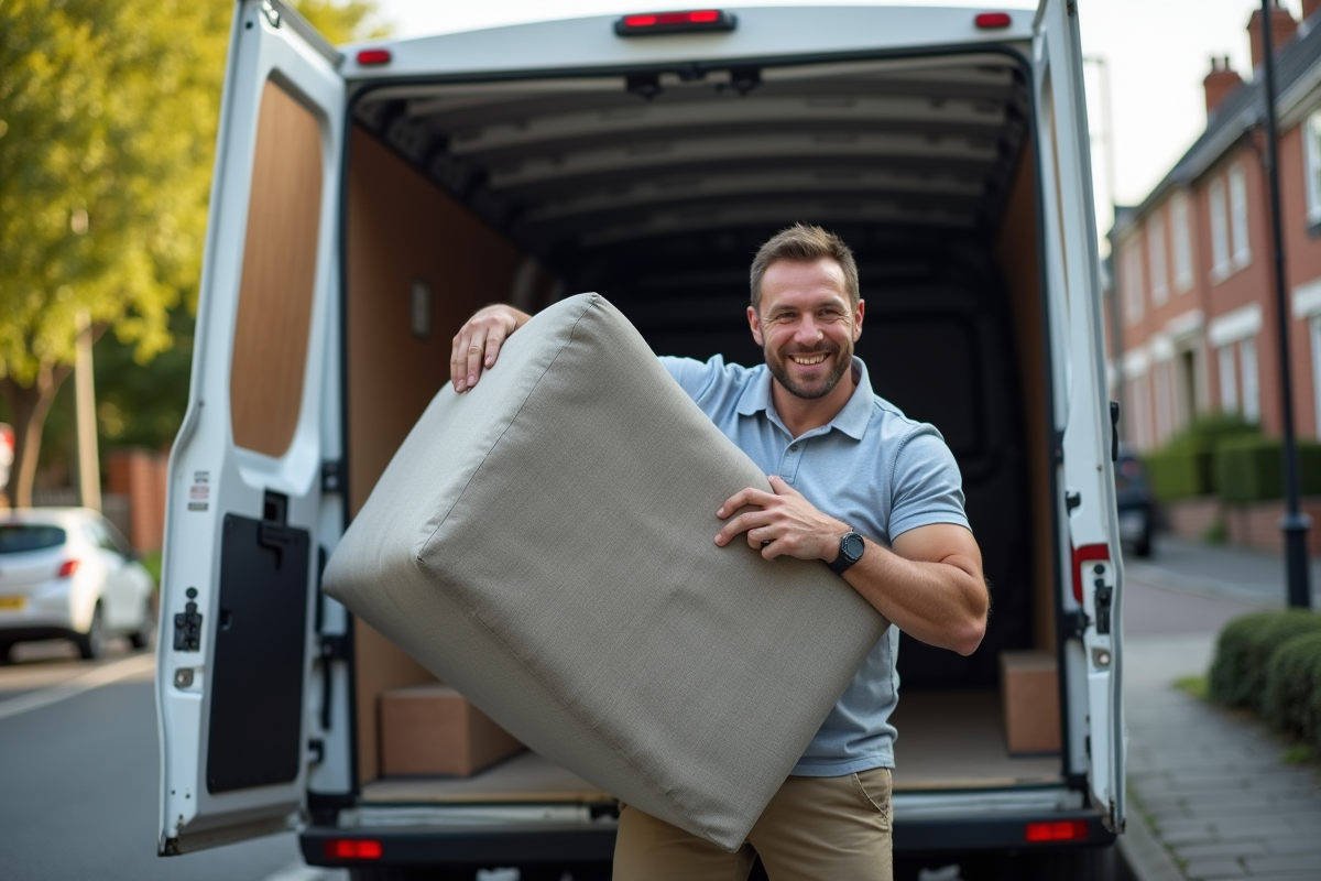 Homme chargeant un sofa dans une camionnette de demenagement en ville