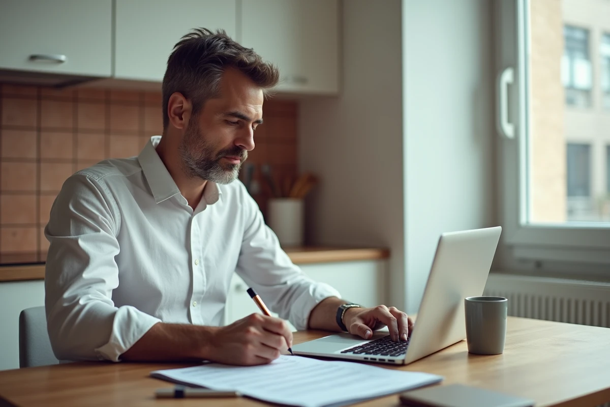Homme comparant les options de dépôt de garantie et de caution pour une location sur son ordinateur portable à domicile