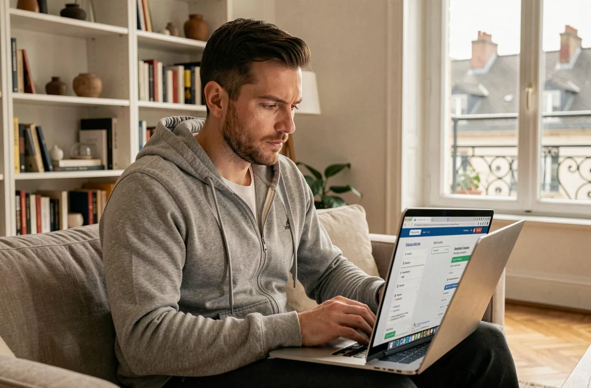 Homme recherchant la meilleure assurance habitation en ligne depuis son appartement à Cambrai