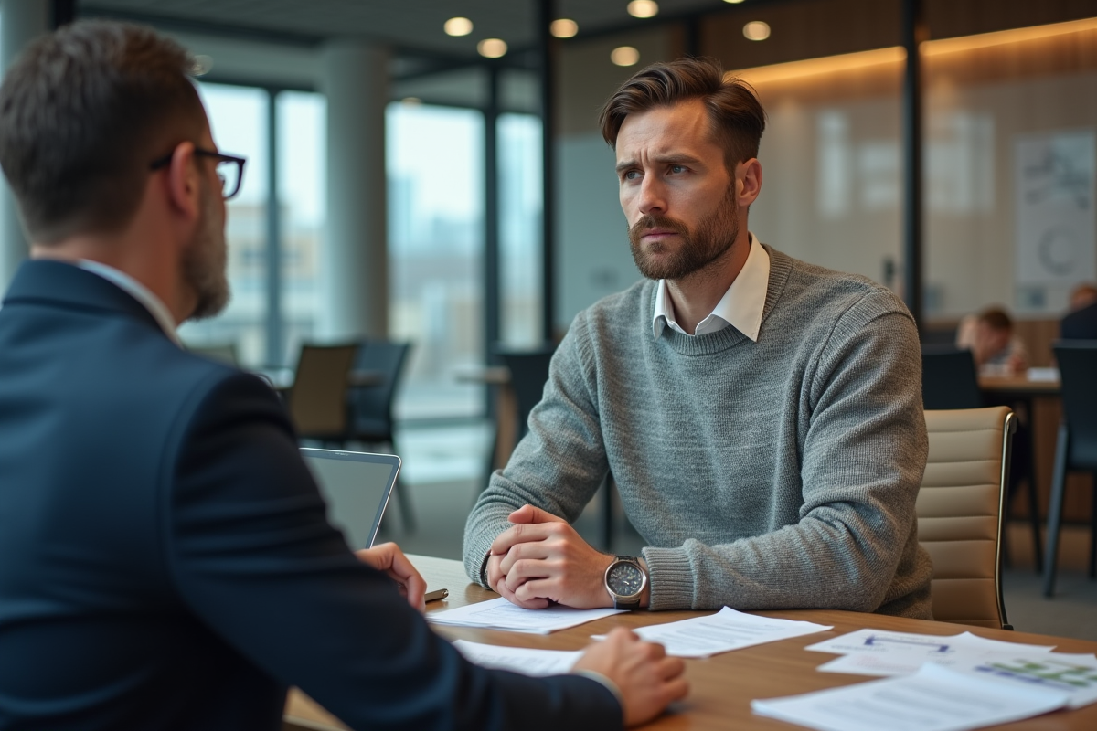 Homme discutant avec conseiller financier dans un bureau moderne