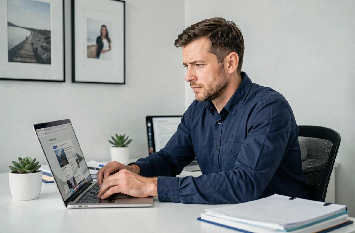 Homme consultant des avis en ligne sur son ordinateur portable pour choisir une assurance habitation