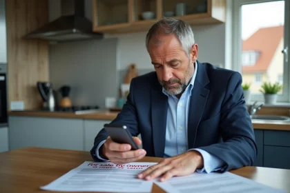 Homme d'affaires en costume bleu examinant des documents immobiliers à Metz