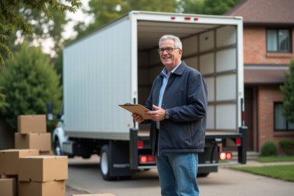 Homme d'âge moyen regardant un camion de déménagement devant une maison
