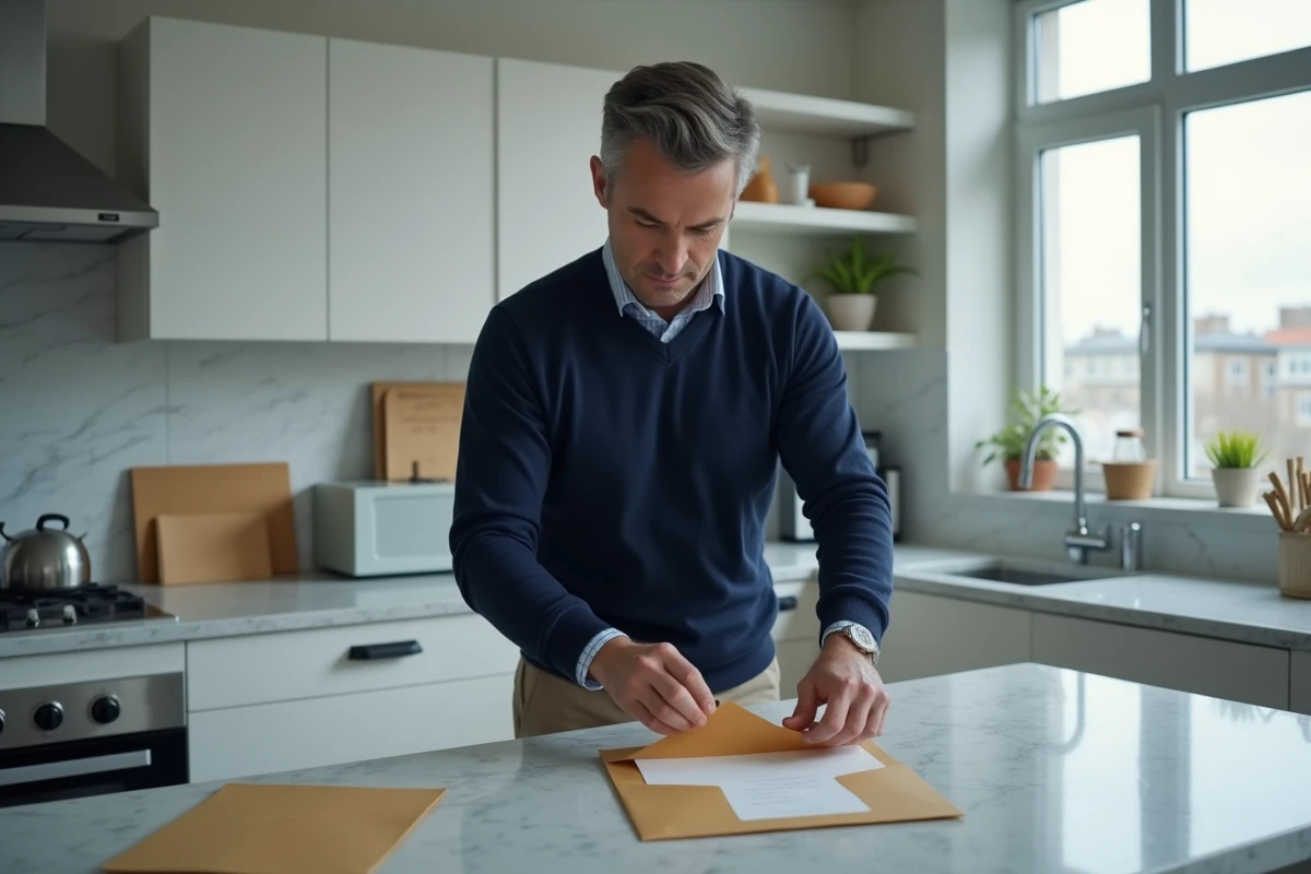 Homme glissant une lettre de congé locatif dans une enveloppe timbrée depuis son domicile