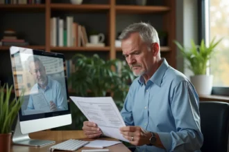 Homme d'âge moyen examine une estimation immobilière chez lui