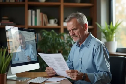 Homme d'âge moyen examine une estimation immobilière chez lui