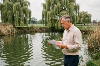 Homme consultant une annonce immobilière au bord d'un étang à vendre en milieu rural français
