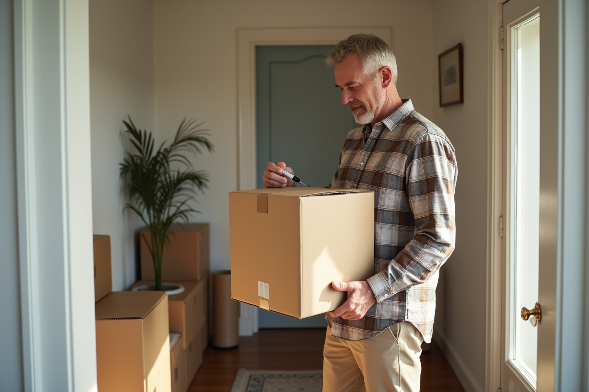 Homme étiquetant une caisse de déménagement dans un couloir