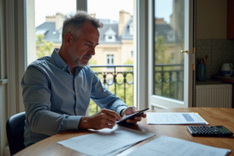 Homme d'âge moyen analysant documents de location dans un appartement parisien