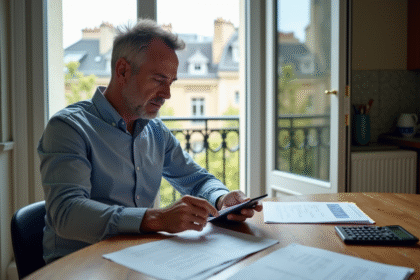 Homme d'âge moyen analysant documents de location dans un appartement parisien
