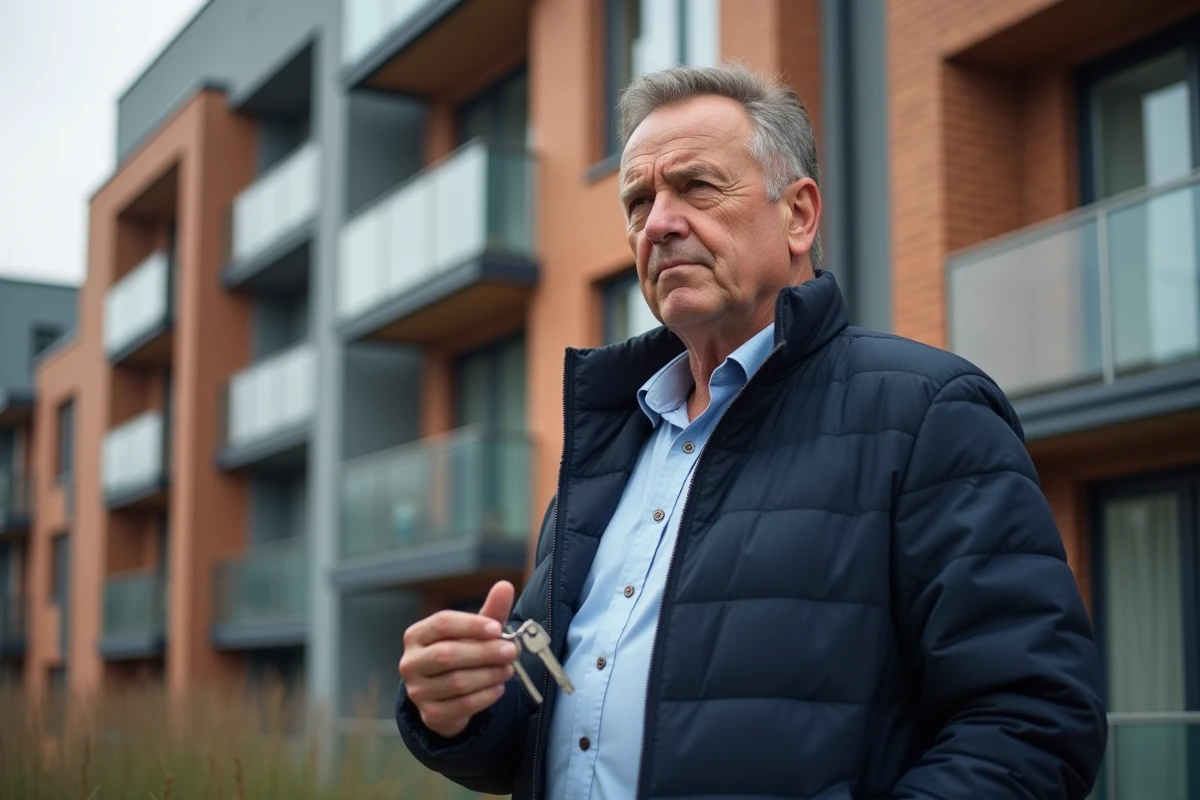 Homme tenant des clés devant un immeuble neuf