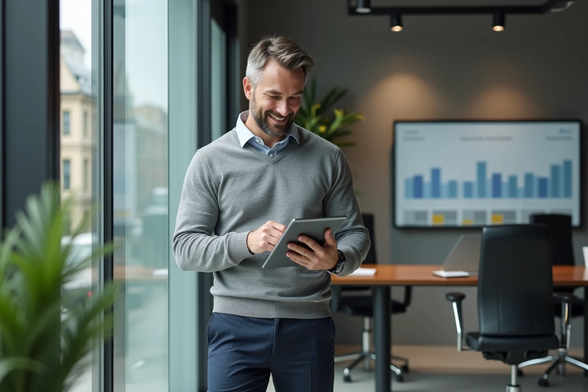 Homme en immobilier vérifiant des données sur tablette