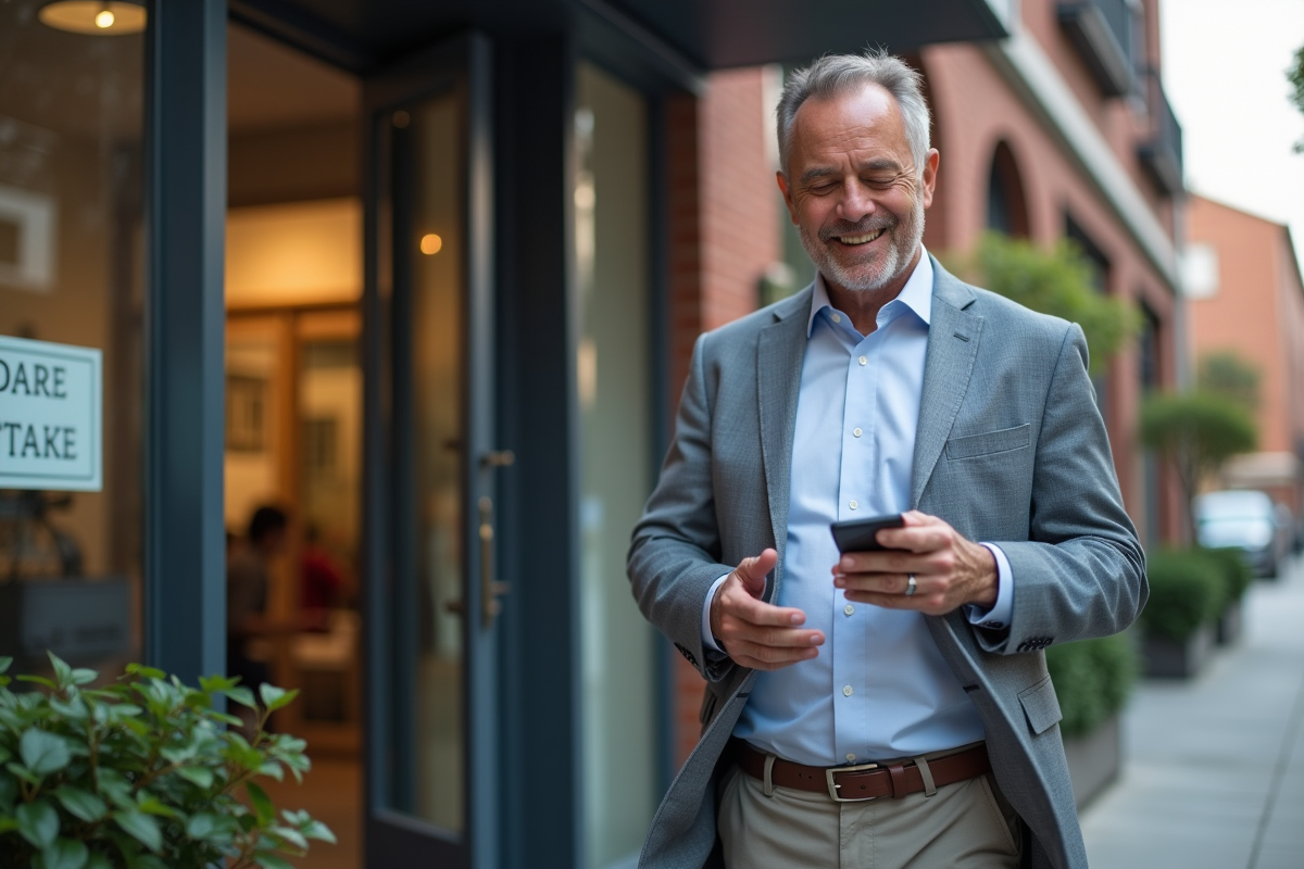 Homme d affaires sortant agence immobiliere en ville