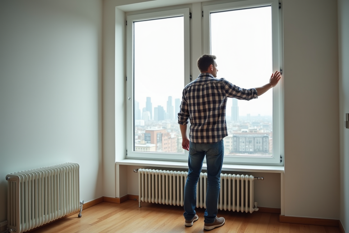 Homme inspectant des fenêtres à double vitrage dans un appartement