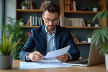 Homme en blazer bleu examinant des documents financiers
