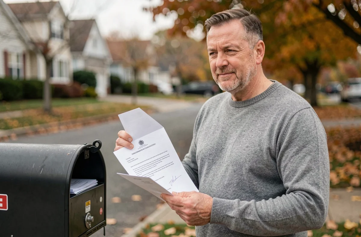 Homme tenant une lettre de résiliation d'assurance habitation devant sa boîte aux lettres