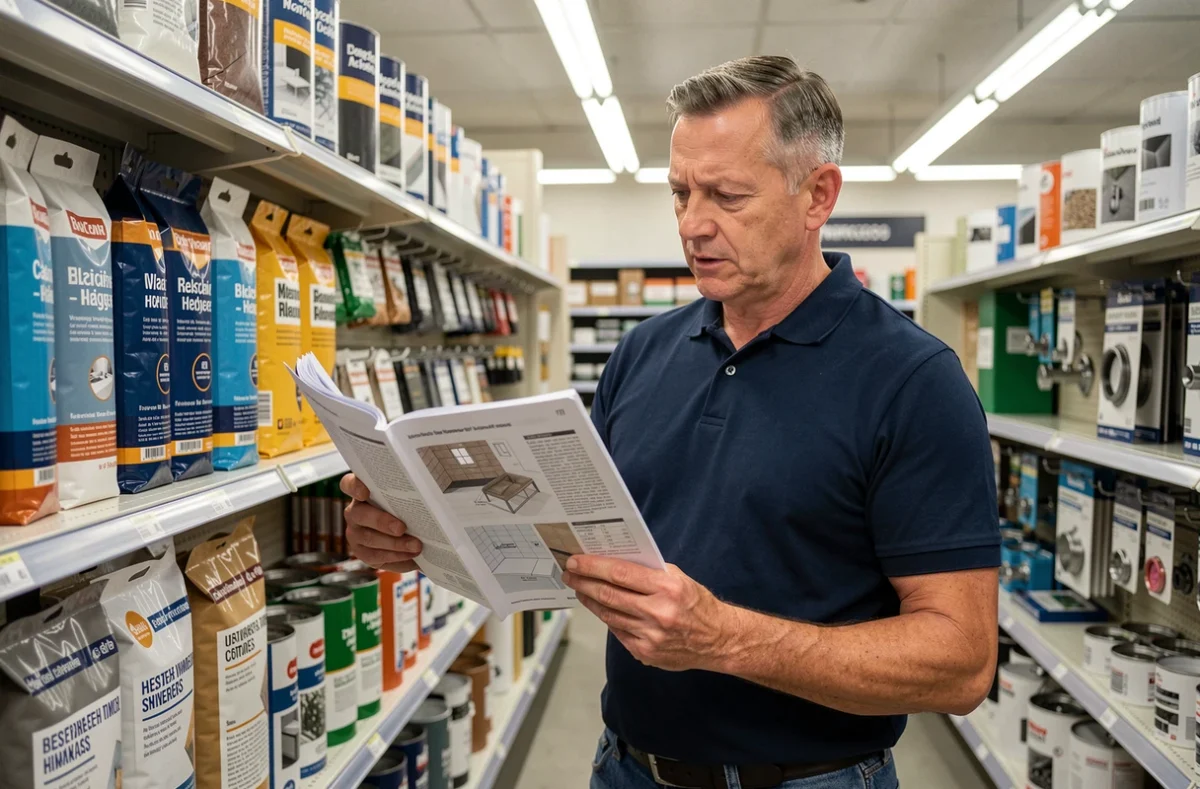 Homme comparant un manuel de rénovation salle de bain avec des produits d'étanchéité dans un magasin de bricolage