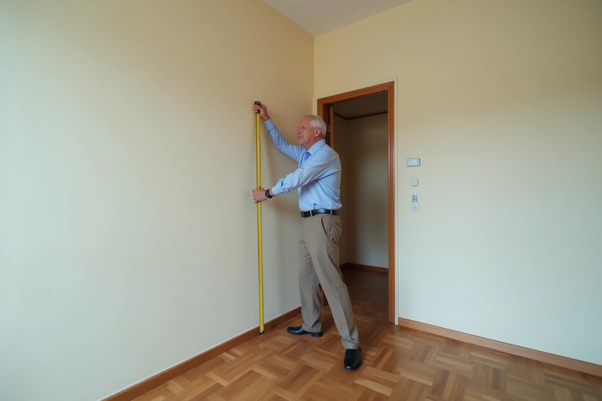 Homme âgé mesure un studio T1 vide avec un mètre ruban