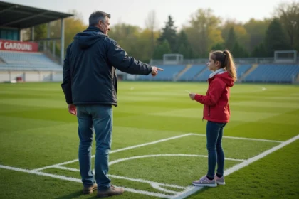 Homme et jeune fille discutant près d'un terrain de football