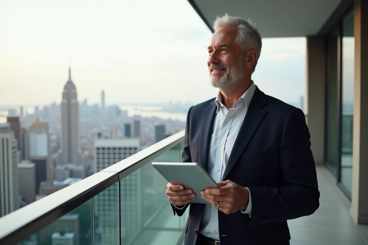 Homme d age avec tablette sur terrasse de penthouse avec vue urbaine