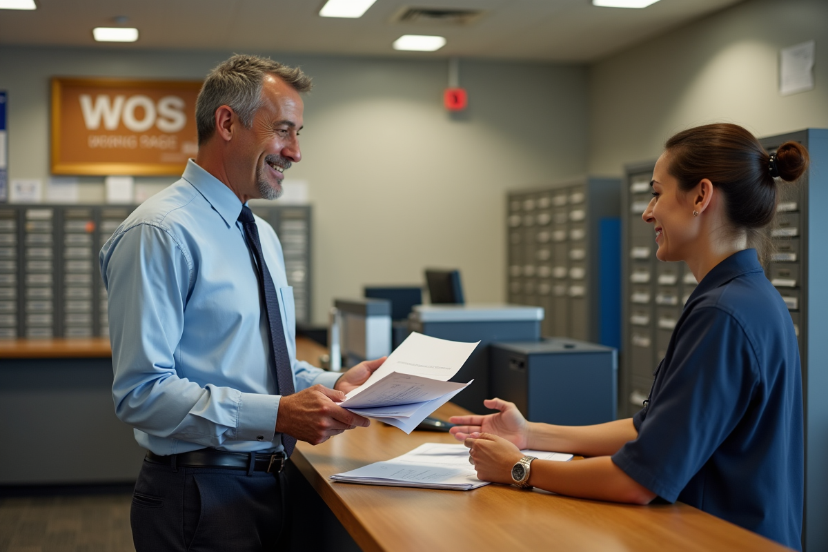 Homme parlant avec un agent postal dans un bureau de poste