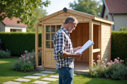 Homme d'âge moyen avec plans devant une cabane en bois