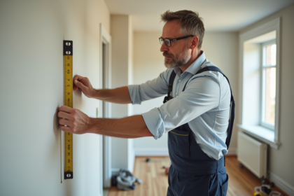 Homme en tenue casual vérifiant un mur en rénovation