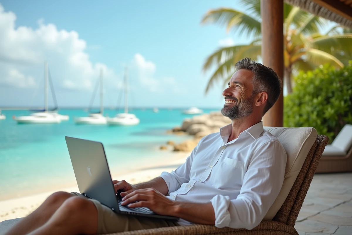 Homme détendu sur terrasse avec vue sur la mer des Caraibes