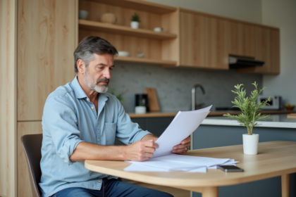 Homme d'âge moyen examine documents fiscaux immobiliers