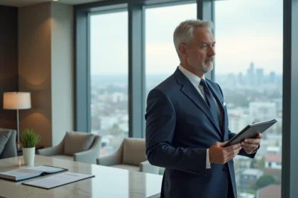 Homme d'âge moyen en costume navy élégant près d'une fenêtre