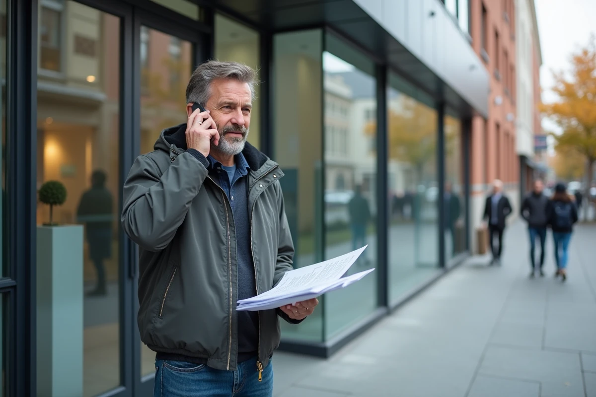 Homme parlant au téléphone avec des formulaires en main en ville