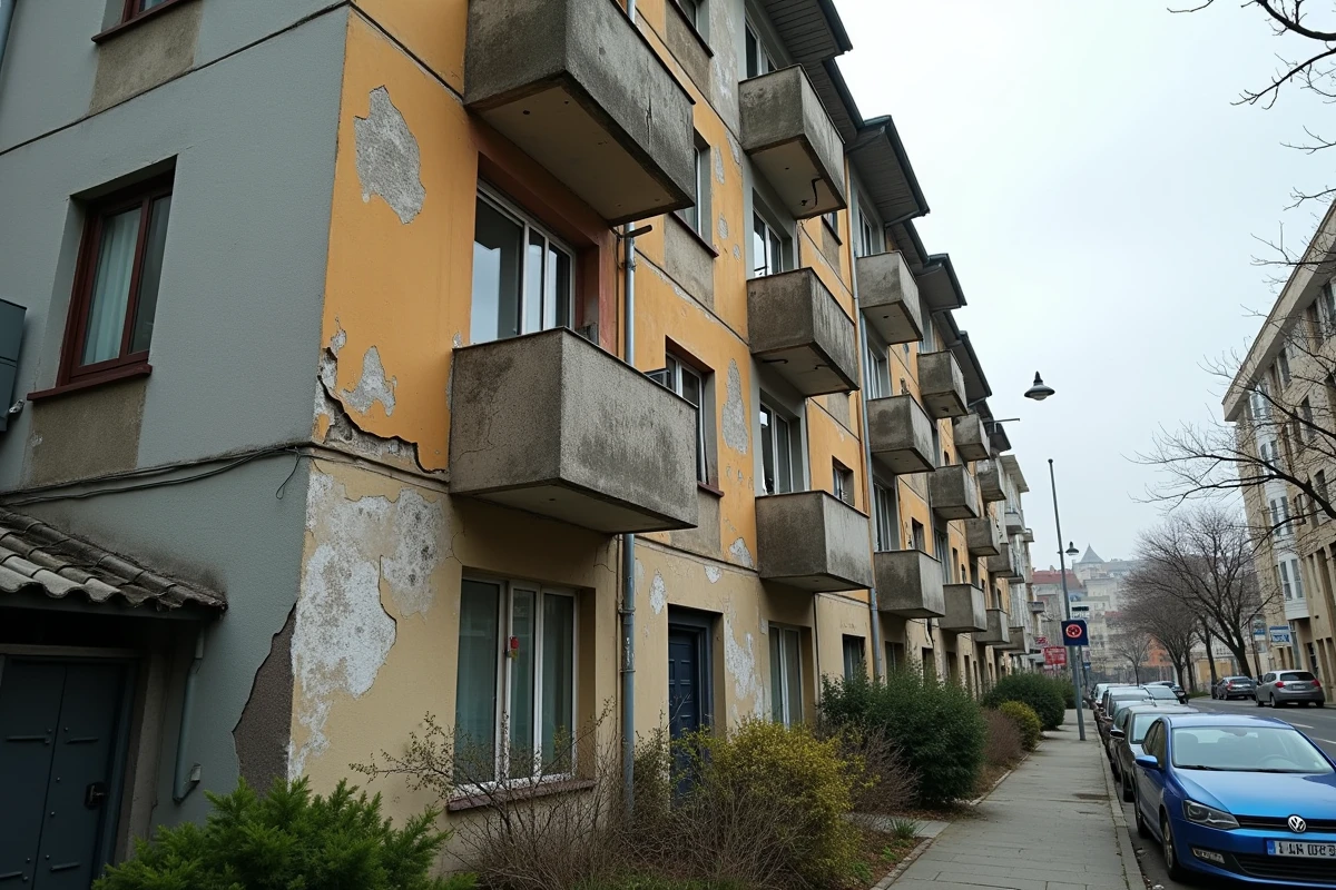 Façade d'immeuble de rapport dégradé montrant des défauts d'entretien et des erreurs de gestion impactant la rentabilité