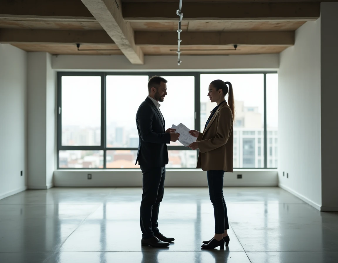 Deux professionnels IMMO PRIMA inspectant un appartement moderne lors d'un audit immobilier avant achat