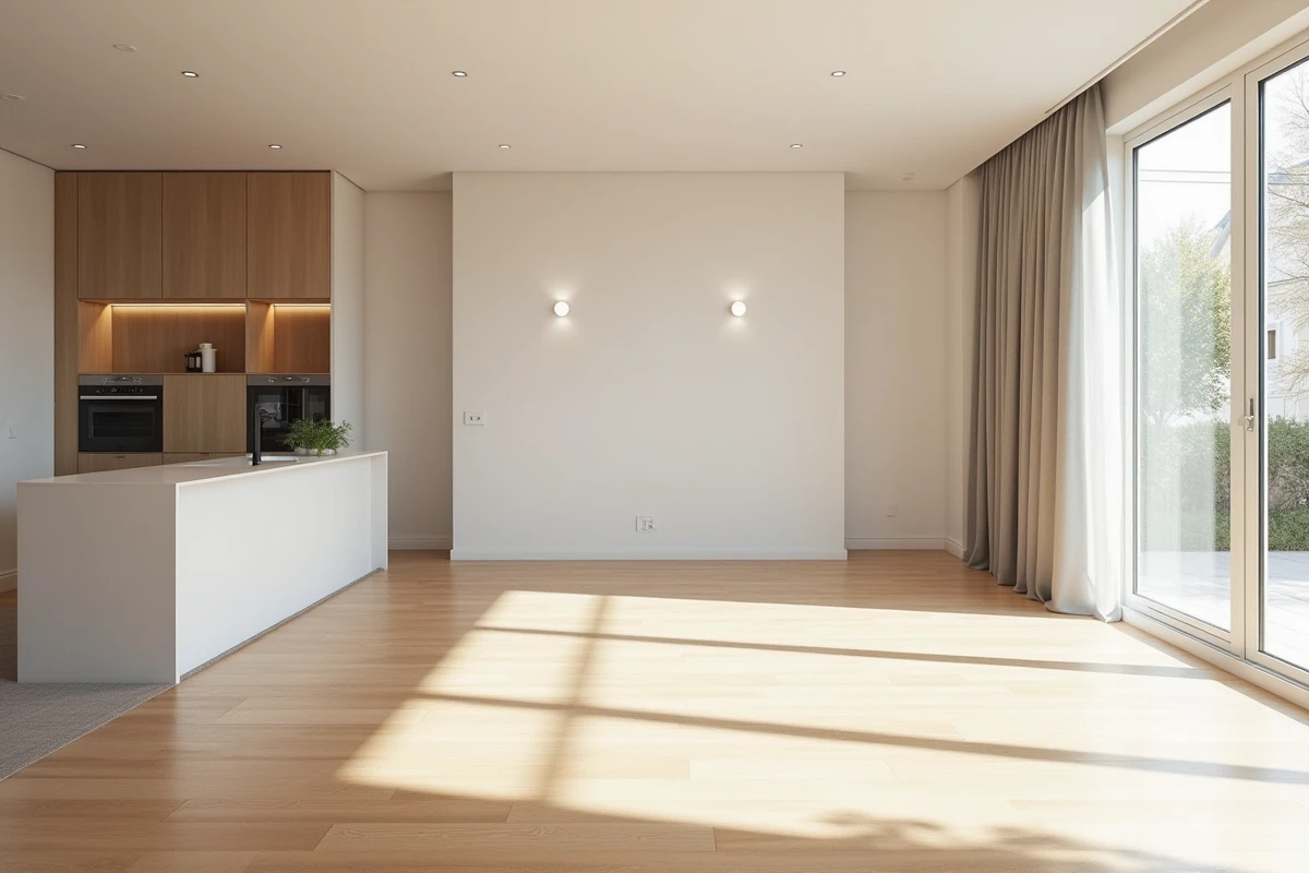 Intérieur d'un appartement neuf livré dans le programme Convergence 94 avec parquet et grande fenêtre