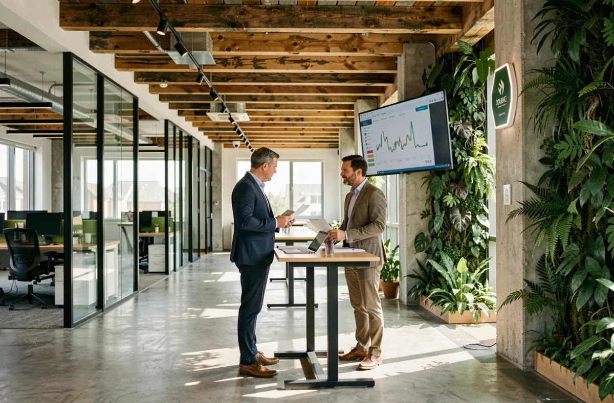 Intérieur éco-conçu du siège Enedis avec mur végétal, tableaux de bord énergétiques numériques et ingénieurs au travail