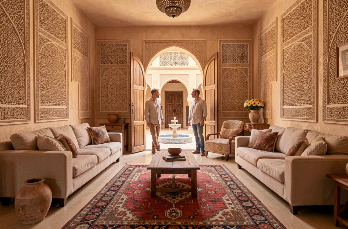 Intérieur d'une villa déjà construite à Marrakech avec décoration marocaine authentique et couple visitant le bien