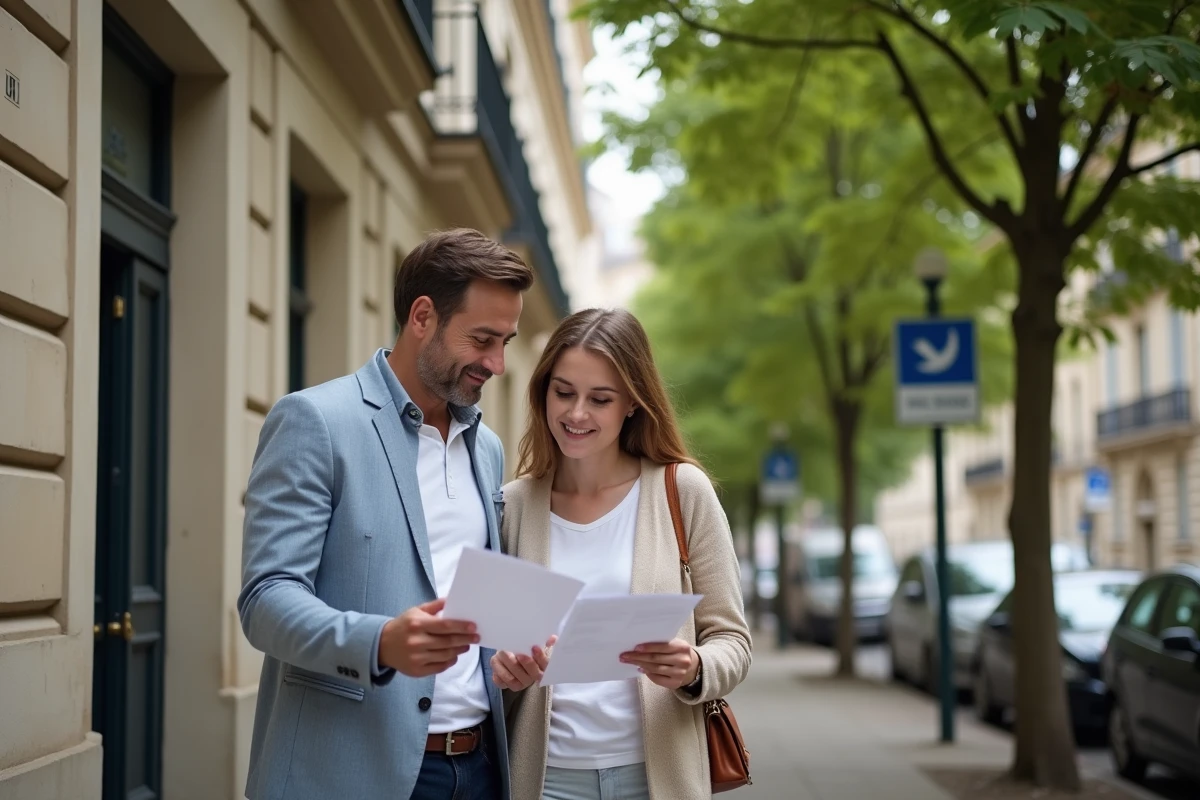 Couple d'investisseurs immobiliers consultant des documents devant un immeuble en Île-de-France pour un achat en viager libre