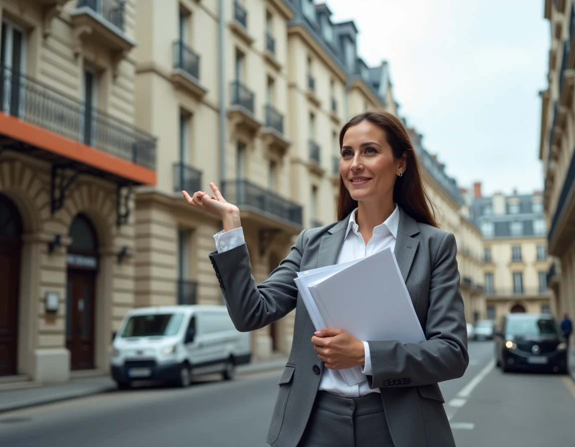 Investisseuse immobilière devant un immeuble rénové illustrant l'optimisation fiscale TVA pour marchands de biens