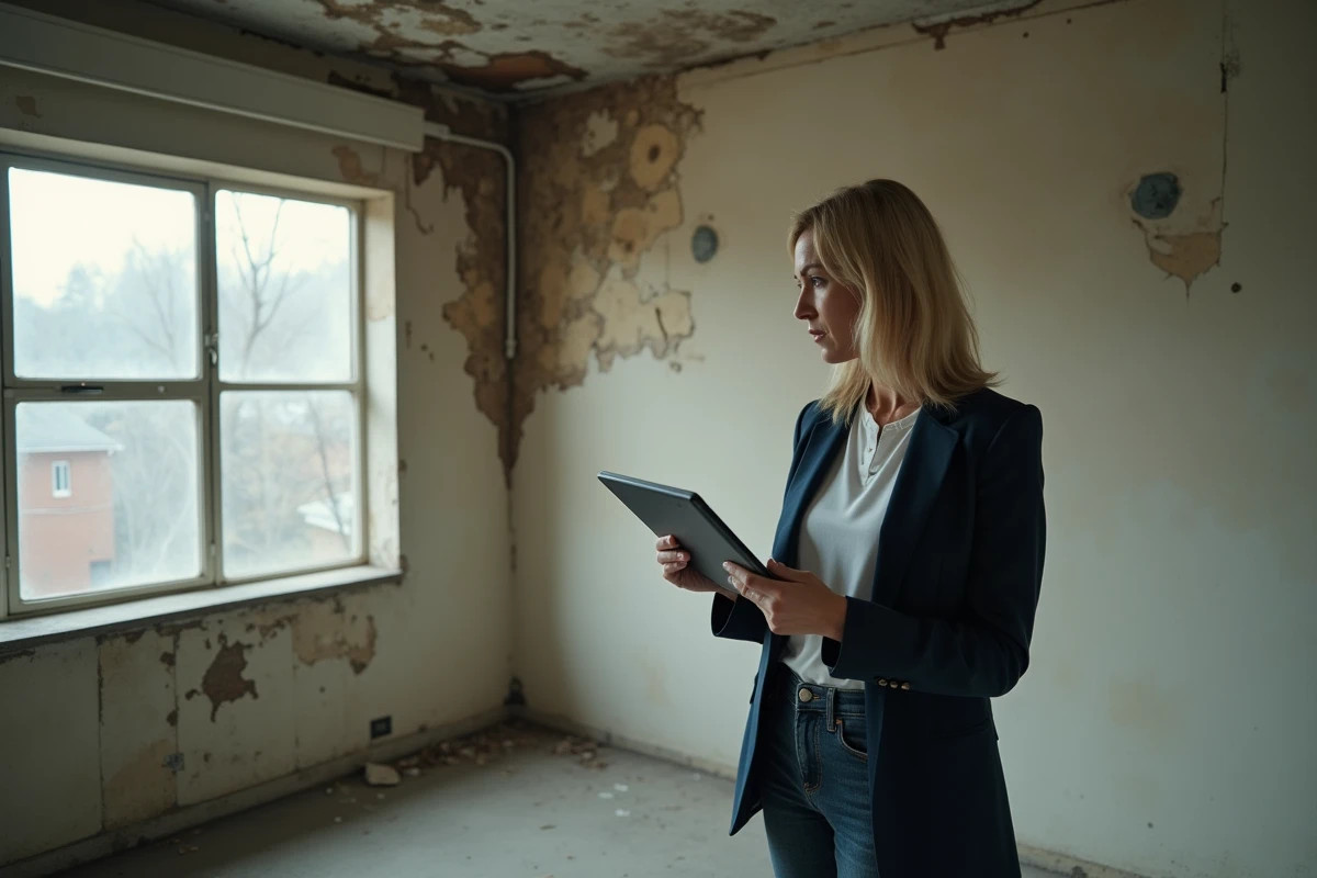 Investisseuse immobilière inspectant un appartement dégradé avec des problèmes structurels révélateurs d'erreurs de gestion d'immeuble