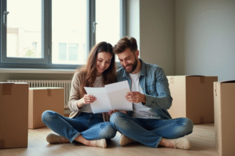 Jeune couple souriant avec budget dans un appartement moderne