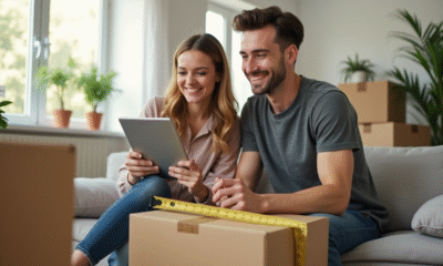 Jeune couple utilisant mètre et tablette pour estimer volume de cartons
