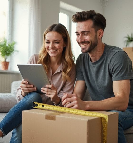 Jeune couple utilisant mètre et tablette pour estimer volume de cartons