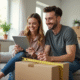 Jeune couple utilisant mètre et tablette pour estimer volume de cartons