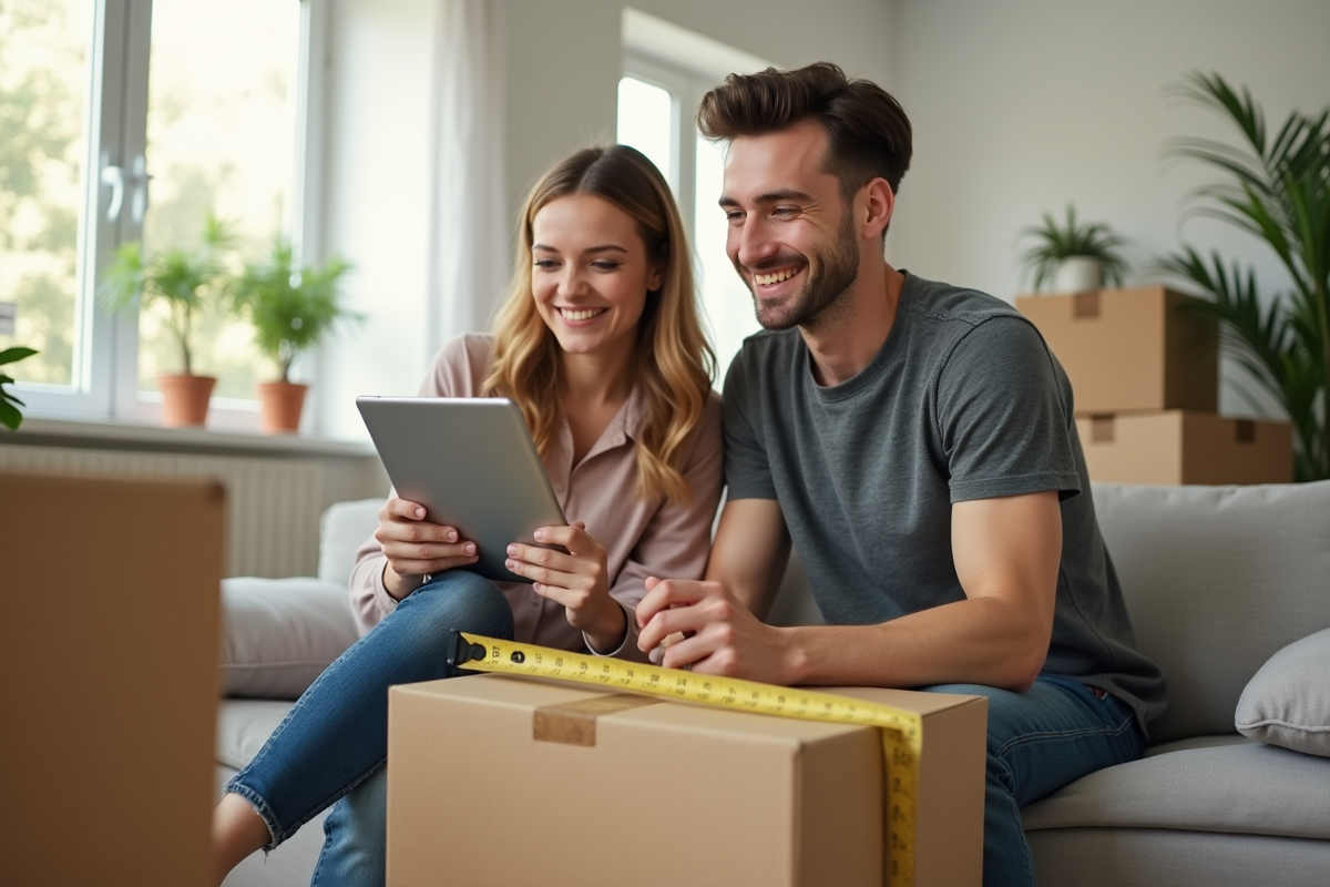 Jeune couple utilisant mètre et tablette pour estimer volume de cartons