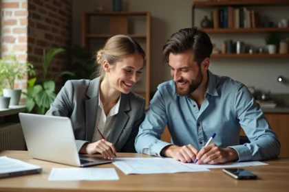 Jeune couple signant un document dans une cuisine moderne