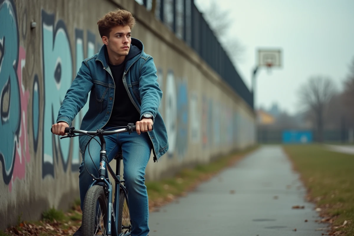 Jeune cycliste près d’un mur graffité à Créteil
